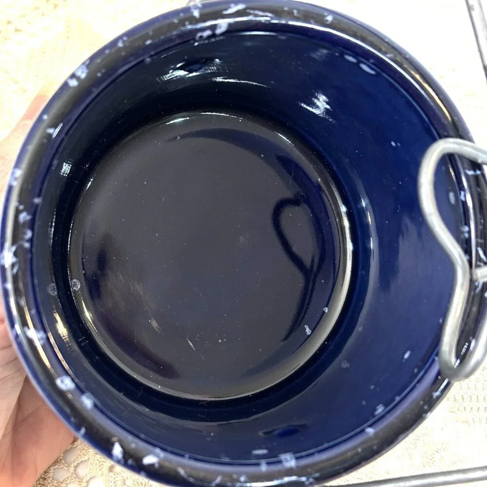 * Stoneware Cheese Butter Crock Jar wire Bail Lid Speckled Cobalt Blue Vintage